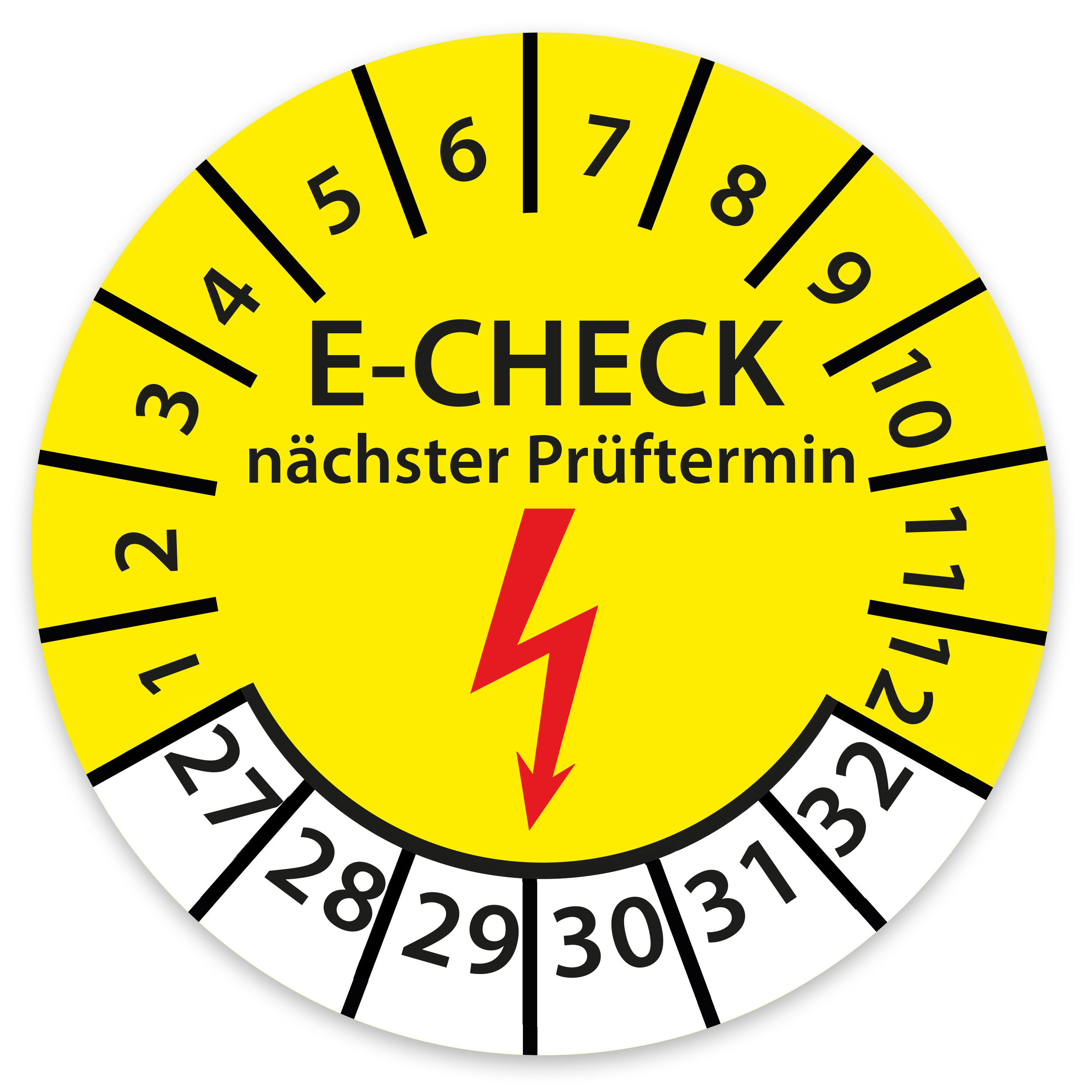 Prüfplakette DGUV V3 Nächster Prüftermin E-Check Elektro - 2027-2032 - Wasserfest/UV-Schutz - 30mm Plakette für Tritte Leitern Feuerlöscher Maschinen