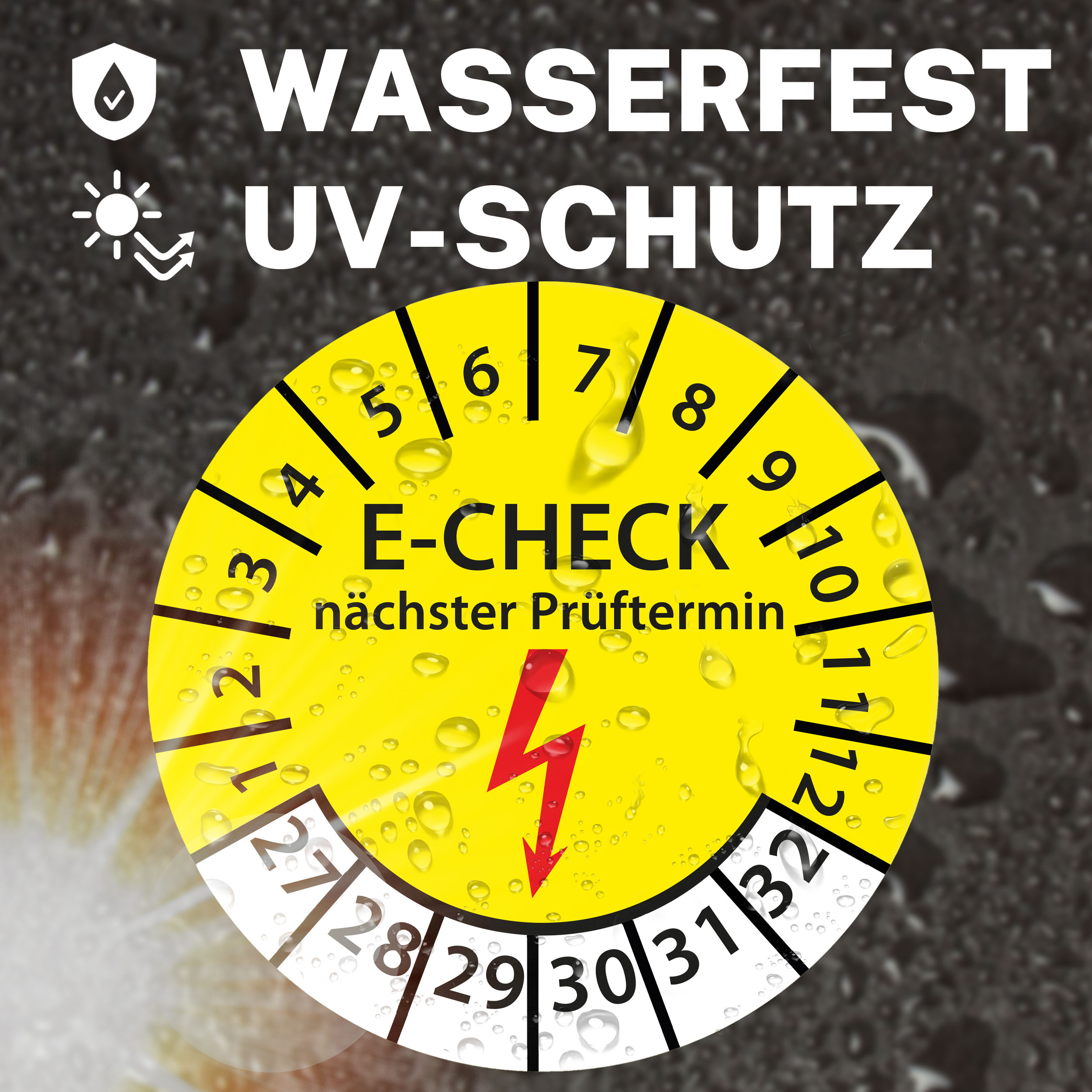 Prüfplakette DGUV V3 Nächster Prüftermin E-Check Elektro - 2027-2032 - Wasserfest/UV-Schutz - 30mm Plakette für Tritte Leitern Feuerlöscher Maschinen