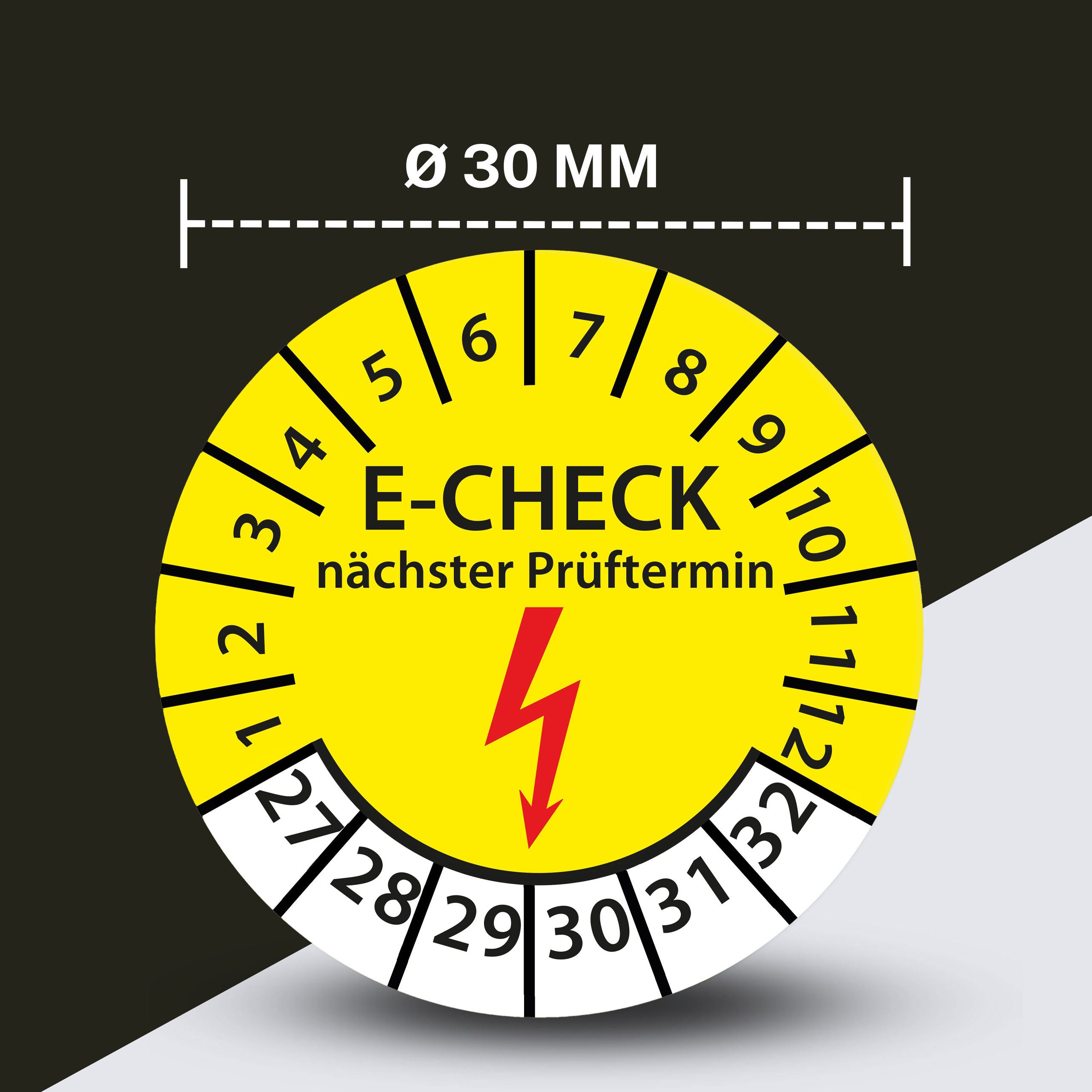 Prüfplakette DGUV V3 Nächster Prüftermin E-Check Elektro - 2027-2032 - Wasserfest/UV-Schutz - 30mm Plakette für Tritte Leitern Feuerlöscher Maschinen